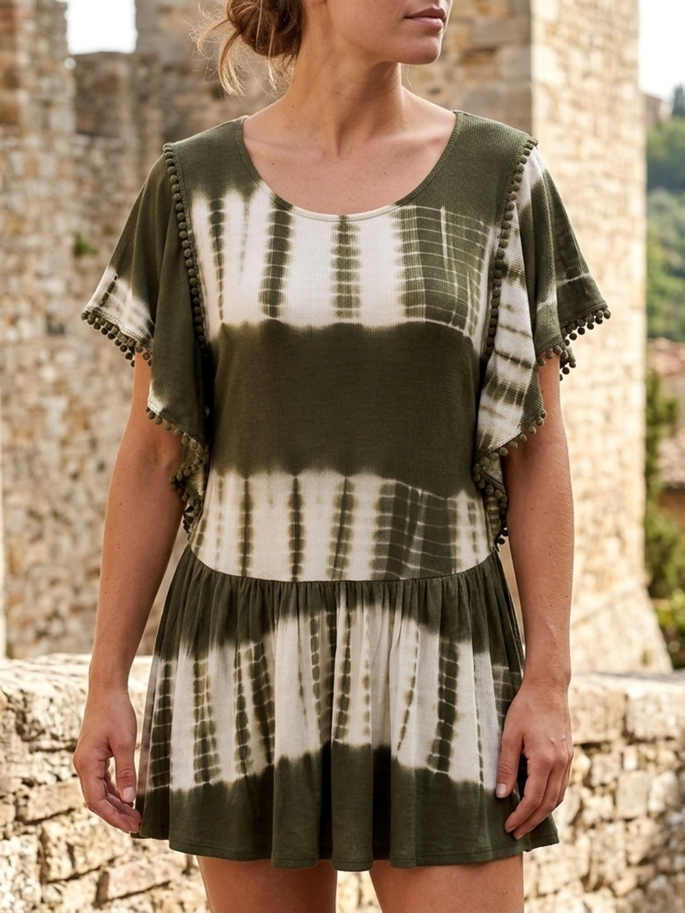 OSO Casuals Olive & White Ribbed Tie-Dye Top